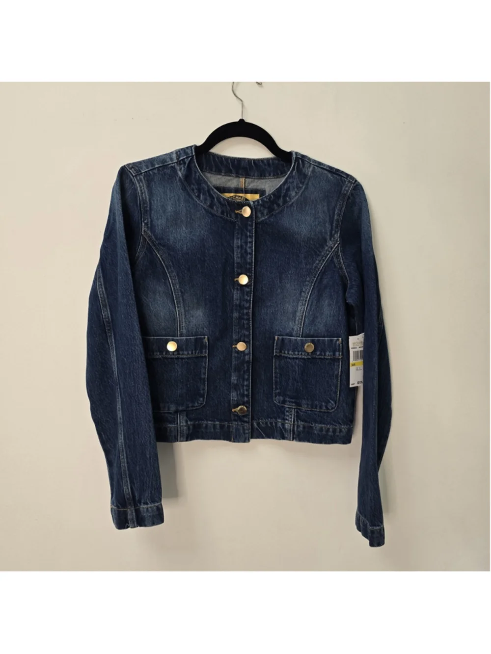 Michael Kors Denim Collarless Jean Jacket Gold Buttons Snap Pocket Medium Wash M